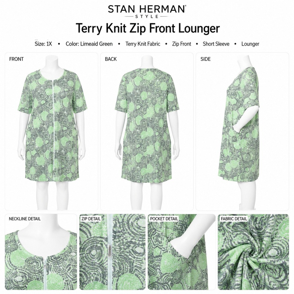 Stan Herman Womens 1X‎ Terry Knit Zip Front Lounger Limeade Green NWT A634023